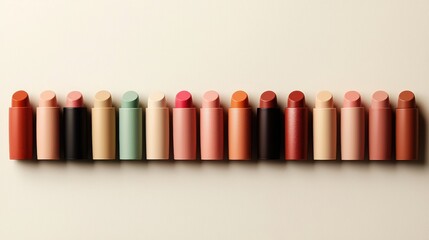Neatly arranged row of soft pastel colored lipstick tubes displayed in a minimalist modern and elegant studio setup  The image showcases the variety of colors and the simple yet captivating