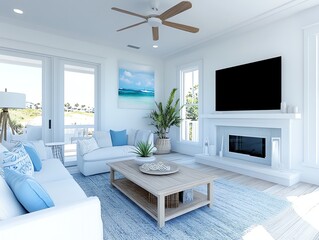 Bright and airy beach house living room with natural light, oceaninspired decor, and soft blue tones