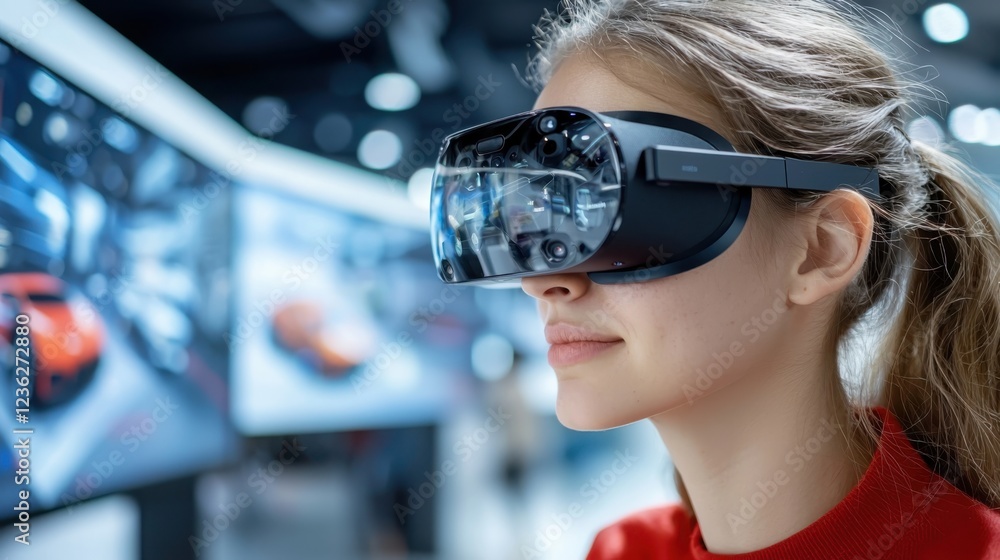 Poster futuristic virtual reality education hub featuring advanced digital interfaces interactive displays 