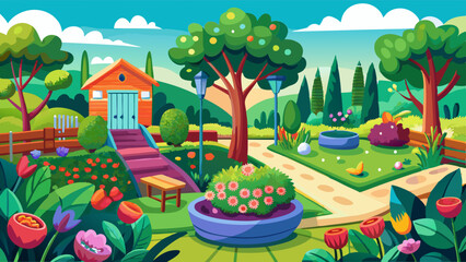 Charming garden with colorful flowers, trees, a small house, paths, benches, and vibrant greenery under a bright blue sky