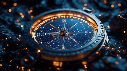 Fototapeta premium Celestial compass glows, dark surface, stars, navigation, fantasy, adventure, illustration
