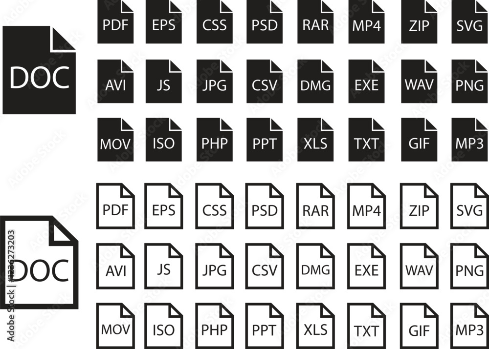 Poster file icons set. format of document on computer flat and line symbols. audio extension graphic multim