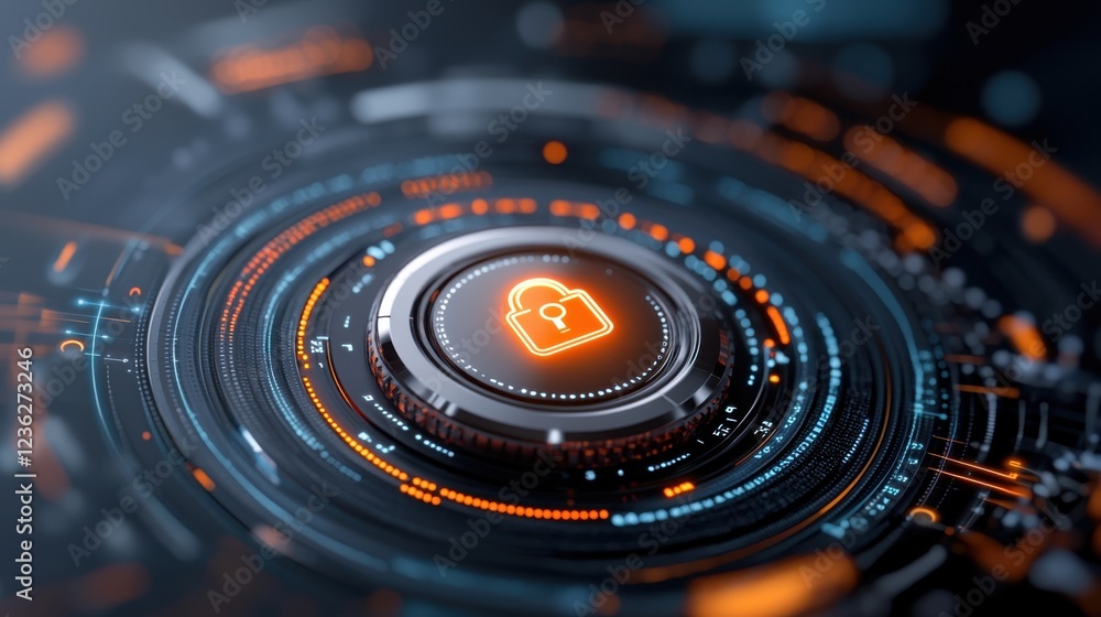Poster glowing padlock icon at the center of a dynamic and futuristic digital interface representing cybers