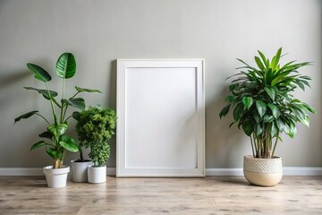 Minimalist Wall Art Display Featuring a Large Blank Picture Frame and Vibrant Plant