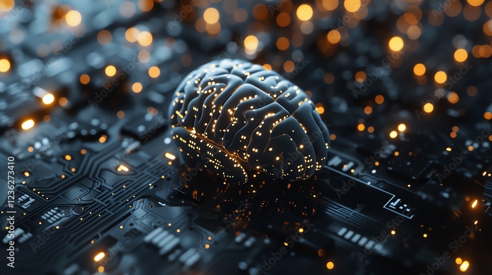 Poster a 3d rendering of a human brain on a circuit board.