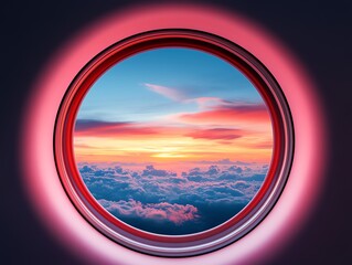 Airplane window, clouds and sunrise, 3D illustration