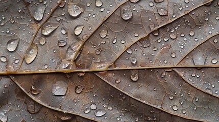 Fototapeta premium A macro shot of water droplets on a brown leaf.