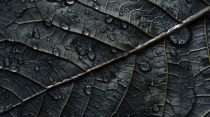 Macro shot of water droplets on dark leaves.