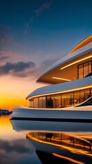 Fototapeta premium Exclusive private yacht club exterior with sleek white facades, water reflections, and ambient luxury lighting