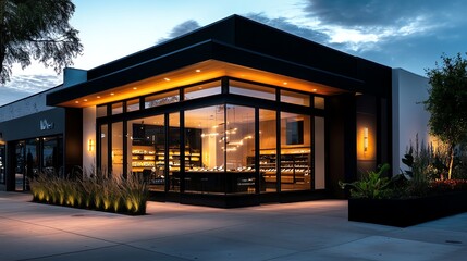 Obraz premium Contemporary boutique store exterior with artistic glass panels, modern lighting, and premium branding aesthetics