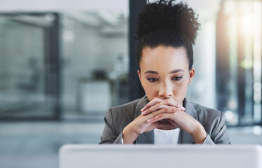 Thinking, stress and businesswoman with laptop in office for stock market crash with economic...