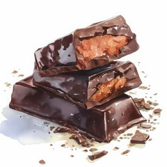 Chocolate Delights: A close-up shot of a stack of three delectable chocolate bars, their rich dark chocolate coating gleaming under the light.