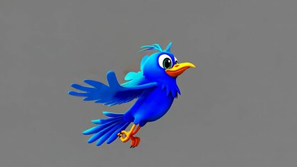 3D animated cartoon blue bird flying with a playful expression, designed in a colorful and whimsical style.