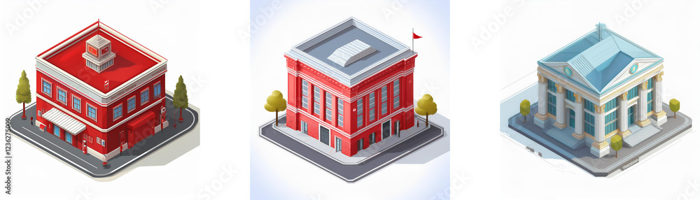 Poster isometric view of three different buildings: a fire station, a public building, and a bank. each bui
