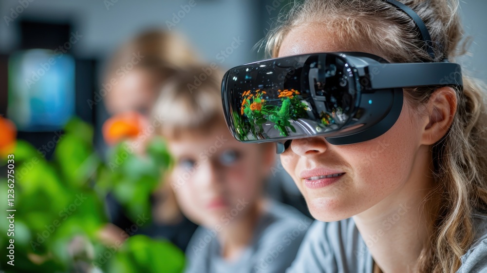 Poster teacher guiding students through immersive virtual reality learning experience in classroom setting 