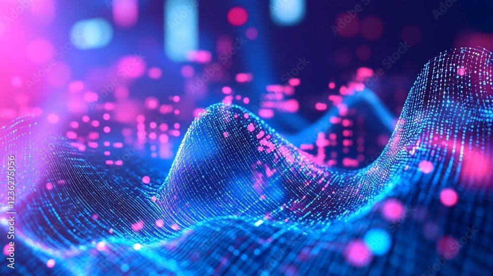 Poster abstract digital wave with pink and blue dots and lines creating an immersive technology background
