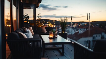 Cozy urban balcony with modern seating, warm fairy lights, and small potted plants, stylish city retreat