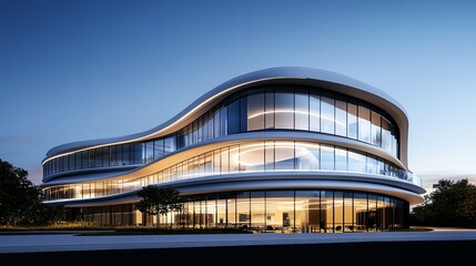 Fototapeta premium Futuristic tech campus facade with dynamic lightresponsive glass, curved organic structures, and modern appeal
