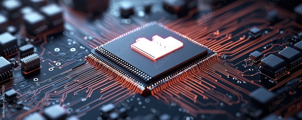 Poster microchip circuit board with cloud technology symbols representing the power of digital transformati