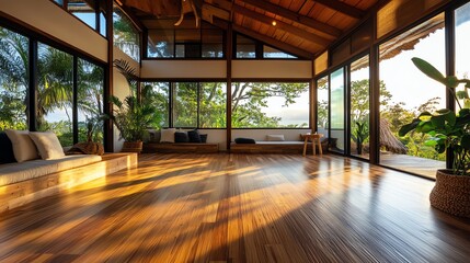 Ecoconscious sustainable home interior with bamboo flooring, solarpowered lighting, and recycled materials
