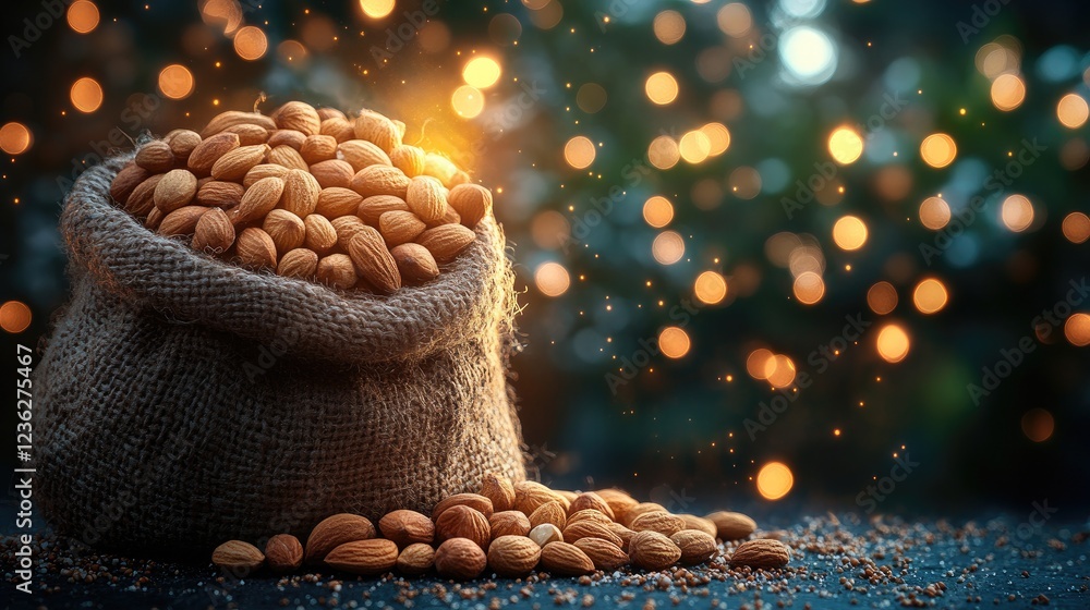 Poster a burlap sack overflowing with almonds, illuminated by soft bokeh lights in a serene setting