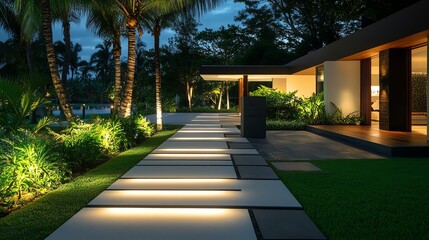 Fototapeta premium Grand luxury villa entrance with sculpted gates, soft uplighting, and elegant stone pathways