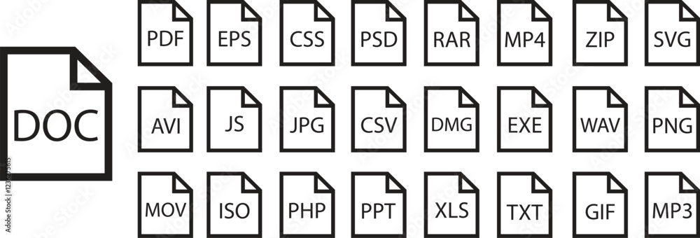 Poster File icons set. Format of document on computer outline symbols. Audio extension graphic multimedia application software folders. Presentation audio designs vectors isolated on transparent background.