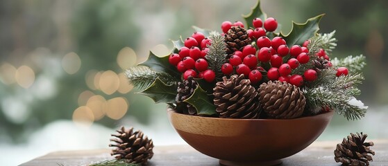 Fototapeta premium Stylish wintertime bouquet featuring pinecones and holly berries