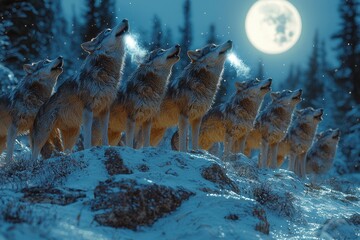 Fototapeta premium Wolves Howling Under Winter Moonlit Sky