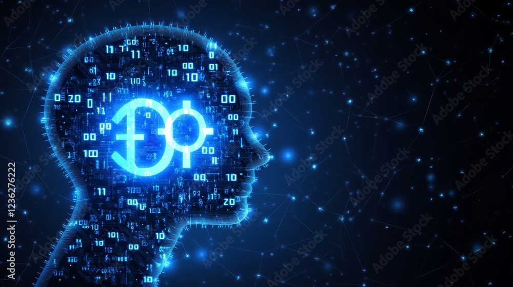 Poster abstract glowing head profile digital binary technology background design with circuit board pattern