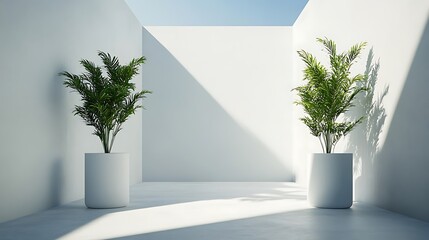 Minimalist White Room With Two Green Plants In Pots