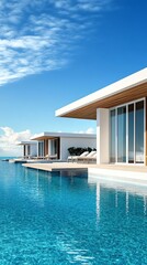 Fototapeta premium Floating luxury resort, modern facade design, overwater bungalows, 3D illustration