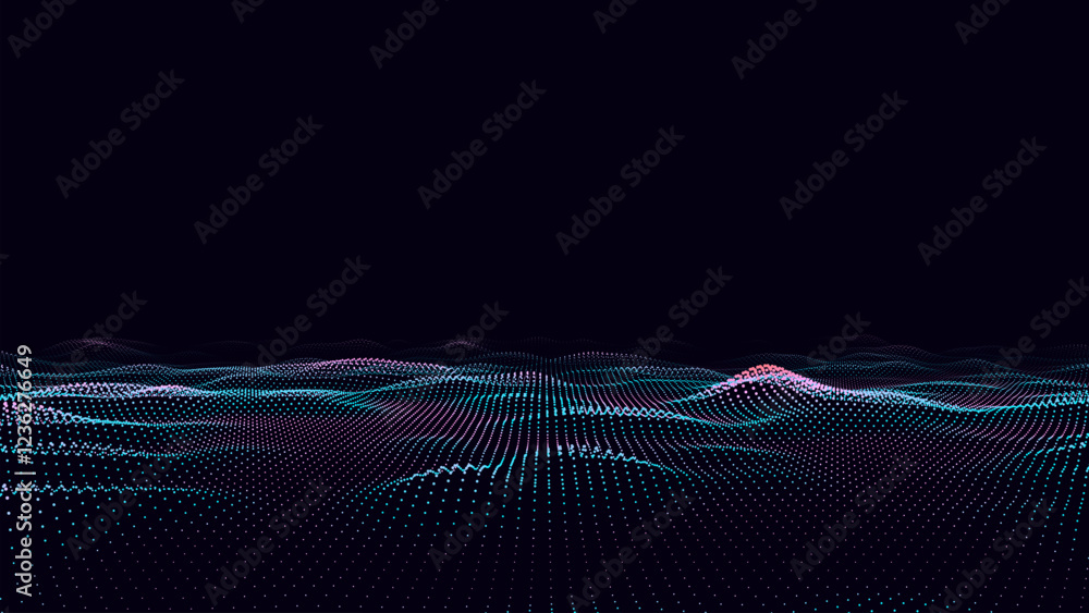 Poster vector digital technology wave. dark cyberspace with colors motion dots and lines. futuristic digita