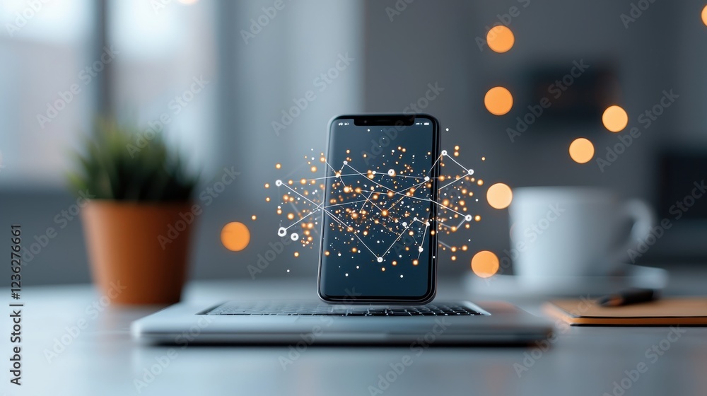 Aufkleber smartphone resting on a minimalist desk with digital waves and blurred bokeh lighting effects creati