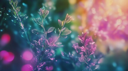 Abstract nature image of plant leaves with bokeh effect and colorful light