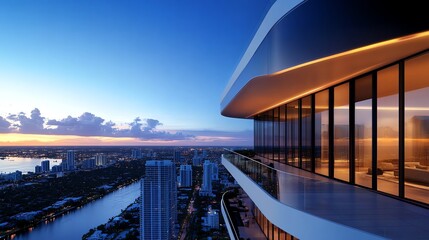 Iconic luxury skyscraper with dynamic facade lighting, hightech materials, and a breathtaking skyline backdrop