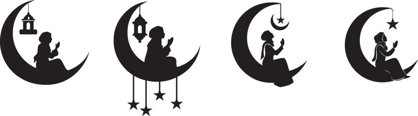 Silhouette of Praying Muslim Women on Crescent Moon with Hanging Lanterns - Islamic Art