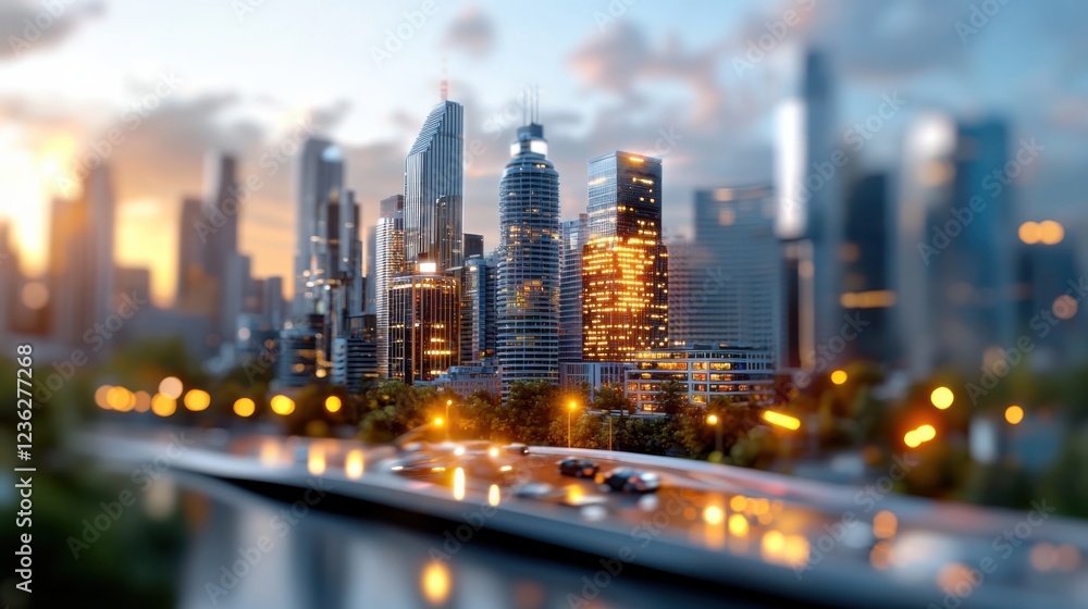 Poster futuristic skyline of a smart city with towering skyscrapers and a dynamic cityscape protected by ad