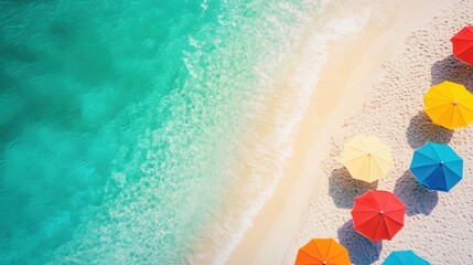 Obraz premium Vibrant Summer Beach Scene with Colorful Beach Umbrellas, Sandy Shore, and Clear Blue Water: Lively and Cheerful Vacation Atmosphere Ideal for Travel and Summer-Themed Content