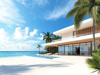 Fototapeta premium Luxury beachfront villa facade with expansive glass walls, wooden accents, and panoramic ocean views, modern tropical architecture
