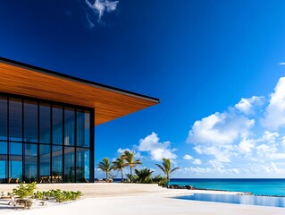 Fototapeta premium Luxury beachfront villa facade with expansive glass walls, wooden accents, and panoramic ocean views, modern tropical architecture