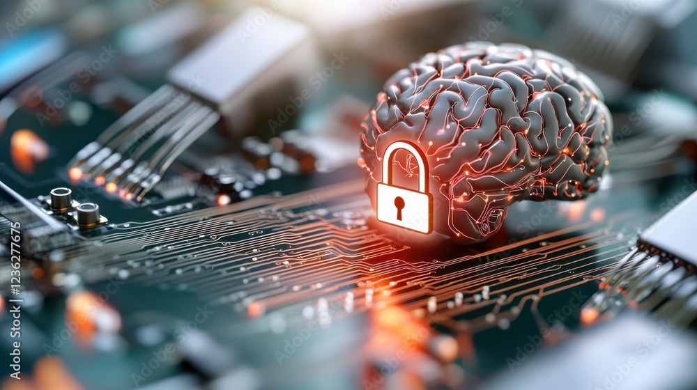 Poster futuristic digital depicting the concept of ai powered cybersecurity solutions featuring a glowing b