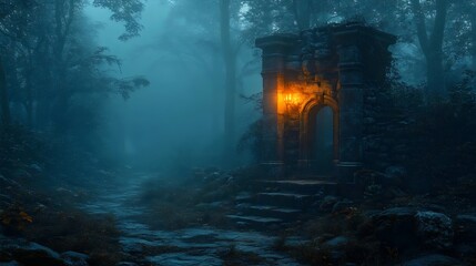 A dark forest with a stone archway and a light shining through it