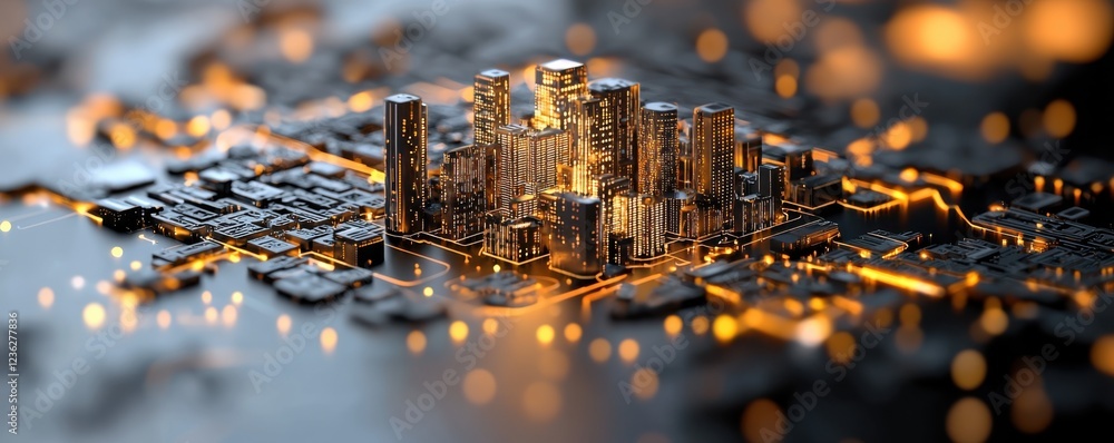 Poster futuristic smart city skyline with illuminated digital architecture integrated infrastructure and a 