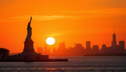 Statue of Liberty silhouetted against sunrise, American symbol