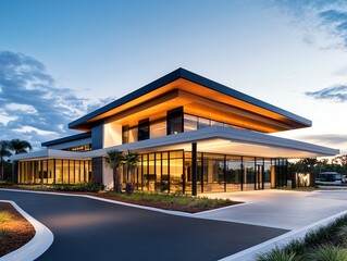 Naklejka premium Highend medical center exterior with sleek minimalist facade, ecofriendly glass panels, and contemporary elegance