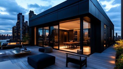 Fototapeta premium Highend penthouse loft exterior with minimalist facade, metallic finishes, and smarthome integrated architecture