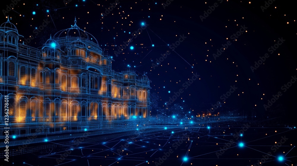 Poster digital network visualization of hawa mahal historical architecture in jaipur, india.