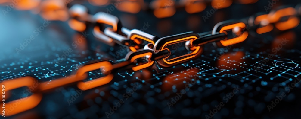Poster futuristic technology and digital networks depicted through glowing chains symbolizing the innovativ