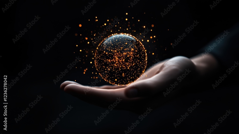 Poster glowing luminous ai powered sphere floating above a human hand representing the power of innovation 